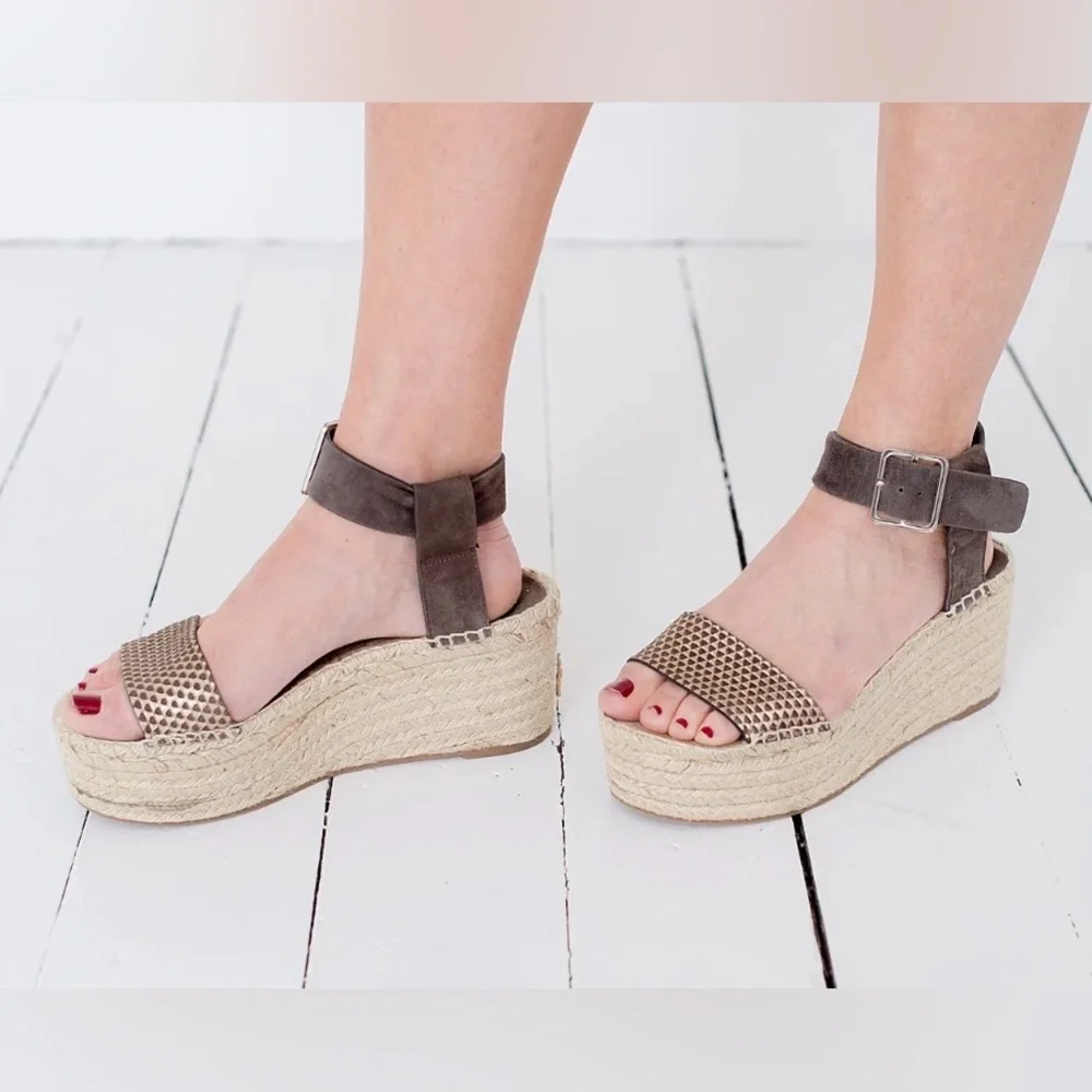 Vince Gray Leather Espadrille Wedge Sandals Size 6